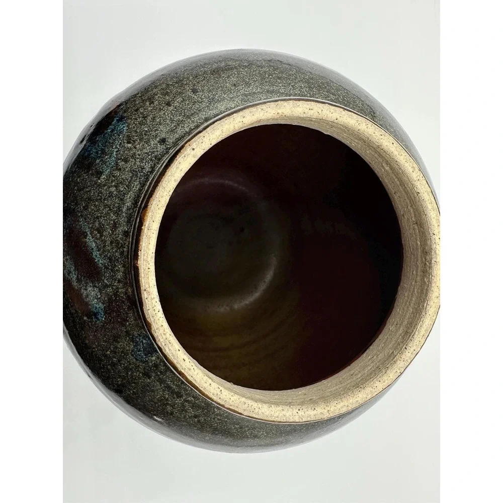 Artist Signed Handcrafted Vintage Studio Pottery Vase With Bronze and Blue Speck